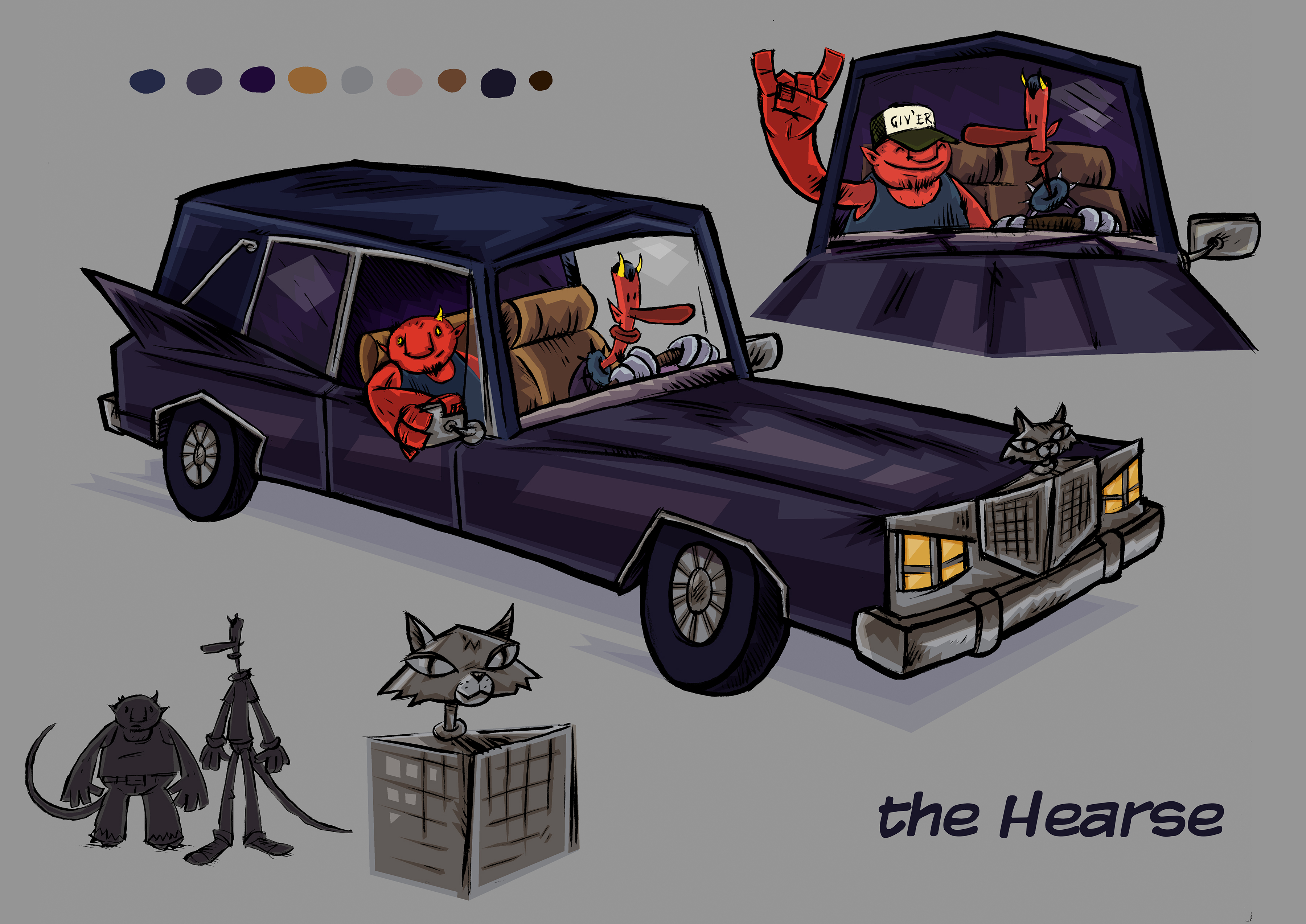 Concept art and color palette for "The Hearse" by Christian Patchell