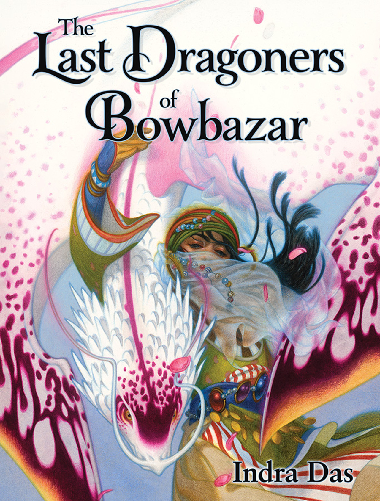 Book cover depicting an ornately robed person with long black hair riting a mostly white dragon